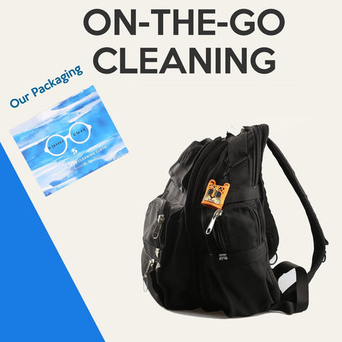 Seabbo 4-pack microfiber glasses cloths; front view shows blue card packaging and black backpack with orange keychain.