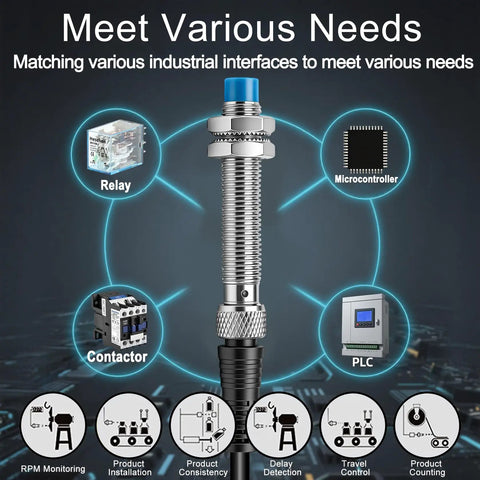 Inductive Proximity Sensor Switch M8 2Mm Detect Distance 10-30V DC 200mA PNP Normally Open with interface options.