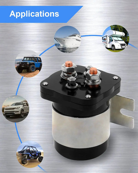 Beefy 500 Amp Battery Isolator Relay For Mobile Audio Systems, 12V Heavy-Duty Battery Separator That Isolates A Second Battery For Marine, Off-Road, Power Sports, RVs And Dashboard Electronics. Black metal battery relay with terminals