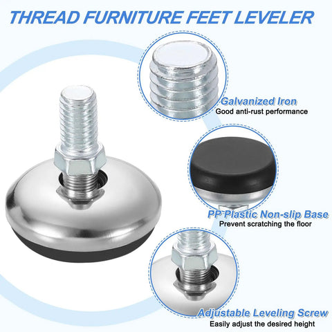 Premium M10 Thread Levelers 4 Pack Adjustable Table Feet featuring a galvanized iron screw and PP-plastic non-slip base.