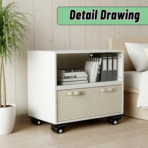 White furniture with storage drawer on 4 Pack 1.5 Inch Low Profile Caster Wheels Set Nylon Dual Wheels Swivel Plate Casters under bed.