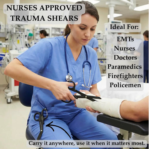 Two Pack 8 Inch Trauma Shears With Carabiner Clip For EMS Crews, Nurses, And First Responders, Heavy Duty EMT Medical Scissors For Ambulance Or Hospital Use, Durable Medical Shears You Can Carry On The Go, nurse using black trauma shears