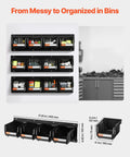 Garage Must Have Wall Mounted Storage Bins Space Saving Organizer With 12 Plastic Bins And 3 Metal Rails shown installed with tools