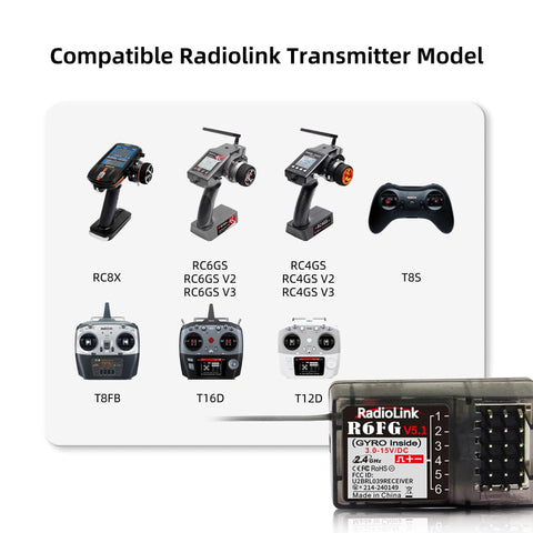 Compatible transmitters for 6 Channel 2.4GHz RC Receiver With Gyro including RC4GS V3, RC6GS V3, RC8X, T8FB, T8S, T12D, T16D