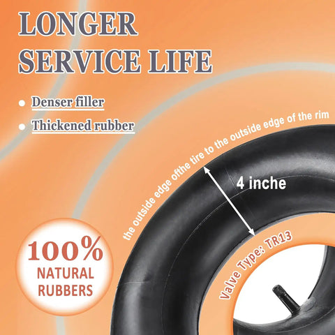 4.80/4.00-8 Inch Tire Inner Tubes Pack Of 2 For Heavy Duty Carts, showing thickened rubber and TR-13 valve.