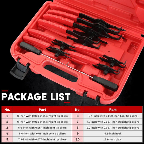 11 Piece Snap Ring Pliers Set Tough As Nails Heavy Duty Straight And Bent Retaining Ring Pliers With Hook And Pick Internal And External Circlip Removal Tools For Cars Trucks Motorcycles Lawn Mower And Farm Equipment Built With Heat Treated 45 Steel in a red storage case