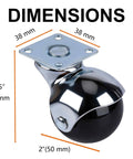 Heavy Duty 2 Inch Ball Casters Without Brake Set Of 4 Chrome Swivel Furniture Wheels Steel Mount Plate shown with dimensions.