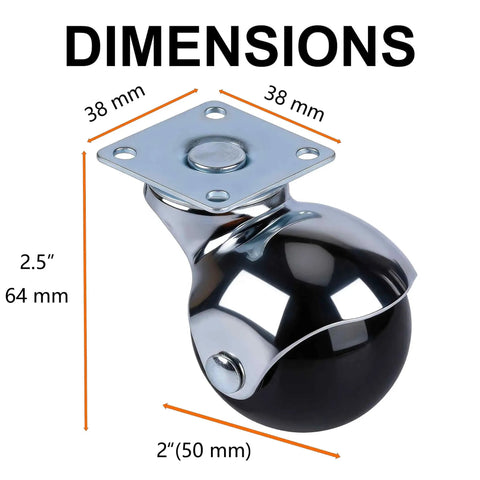Heavy Duty 2 Inch Ball Casters Without Brake Set Of 4 Chrome Swivel Furniture Wheels Steel Mount Plate shown with dimensions.