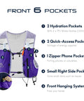 10L Trail Running Hydration Vest With Soft Flasks Purple S For Ultraruns And Endurance Training showing front pockets and features