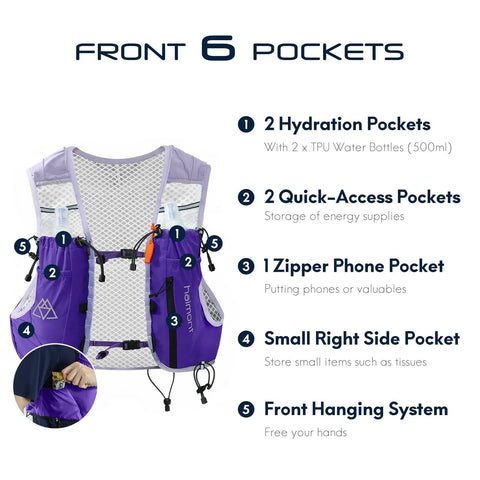 10L Trail Running Hydration Vest With Soft Flasks Purple S For Ultraruns And Endurance Training showing front pockets and features