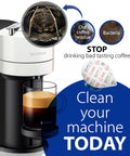 Powerful Vertuo Cleaning Pods And Capsules Cleaner Kit For Your Coffee Maker Built From 100 Percent Plant Based First Grade Formula Includes Six Cleaning Capsules Compatible Only With Vertuo showing coffee machine diagram and dirty components.