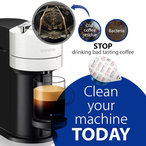 Powerful Vertuo Cleaning Pods And Capsules Cleaner Kit For Your Coffee Maker Built From 100 Percent Plant Based First Grade Formula Includes Six Cleaning Capsules Compatible Only With Vertuo showing coffee machine diagram and dirty components.