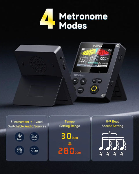 Metronome Tuner 3 In 1 Digital Metronome With Trainer Rhythm Mode For Guitar Bass Violin Ukulele Chromatic Piano And Wind Instruments Rechargeable Portable Practice Buddy DBM100 Black featuring 4 metronome modes and display