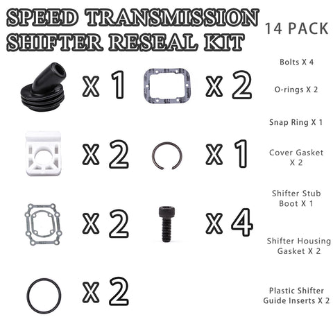 Shifter Reseal Kit For 5 Speed Transmissions With Complete Gasket Set And Hardware For 1987 To 2001 Ford F Series Three Quarter Ton And One Ton Trucks Includes Shifter Housing Gaskets Boots O Rings Snap Ring Bolts And Guide Inserts. kit parts layout