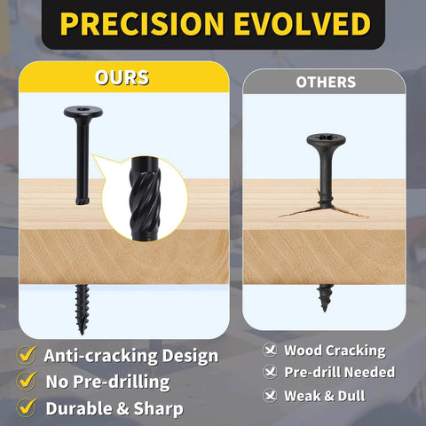 Comparison of black structural wood screws in wood, highlighting anti-cracking design. Structural Wood Screws 14 x 2 7 8 In, 55 Pcs Set.