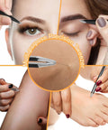 9 Piece Stainless Steel Eyebrow Tweezers Kit With Leather Travel Case in use on face, arm, and foot close-ups, multi-angle view