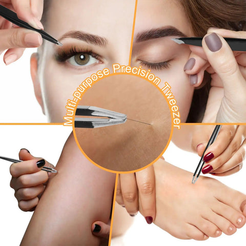 9 Piece Stainless Steel Eyebrow Tweezers Kit With Leather Travel Case in use on face, arm, and foot close-ups, multi-angle view