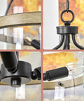 Close-up of Modern Farmhouse 3 Light Pendant Chandelier with smoked birch finish and glass drum shade details.
