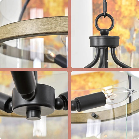 Close-up of Modern Farmhouse 3 Light Pendant Chandelier with smoked birch finish and glass drum shade details.