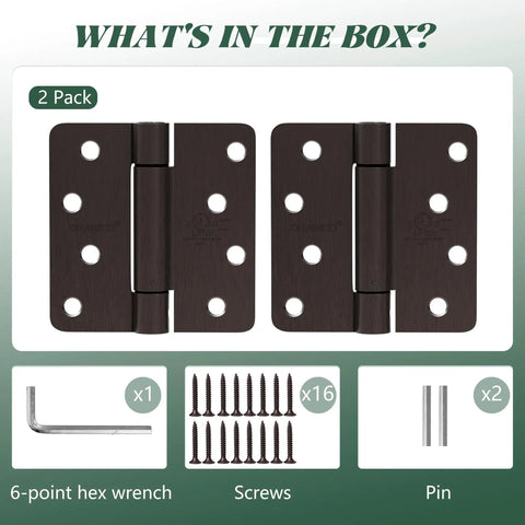 Two Pack Self Closing Door Hinges With Oil Rubbed Bronze Finish For Easy No Fuss Auto Close Spring Loaded 4x4 Inch Hinges For Interior Doors One Quarter Radius Corners Adjustable Tension Fits Doors From One And Three Quarter To Two Inches Thick, shown with included hex wrench, screws, and pins.