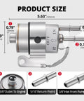 Diagram of 58 PSI Fuel Filter Regulator For LS Swap EFI Conversion C5 with dimensions and inlet, outlet labeling, fits 1999-2014 GM V8 LS engines.