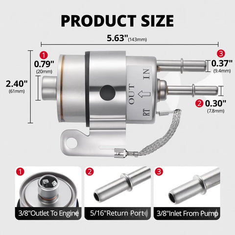 Diagram of 58 PSI Fuel Filter Regulator For LS Swap EFI Conversion C5 with dimensions and inlet, outlet labeling, fits 1999-2014 GM V8 LS engines.