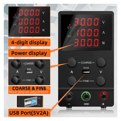 Adjustable DC Benchtop Power Supply 30V 5A 150W With Overvoltage Overcurrent Short Circuit And Overheat Protection Low Ripple Output Built Tough For Safer Lab Use, front panel