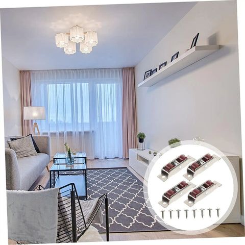 Heavy Duty Stainless Steel Sliding Window Sash Pulleys 4 Pack Double Roller Wheels displayed in a modern living room setting.