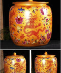 Straight Up Solid Ceramic Rice Jar With Wide Mouth Lid, Kickin Big Kitchen Grain Dispenser And Flour Storage Tank For Coffee Beans, 60 Pound Countertop Keeper That Seriously Delivers, ornate dragon design