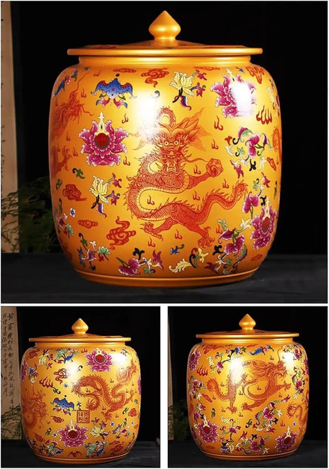 Straight Up Solid Ceramic Rice Jar With Wide Mouth Lid, Kickin Big Kitchen Grain Dispenser And Flour Storage Tank For Coffee Beans, 60 Pound Countertop Keeper That Seriously Delivers, ornate dragon design