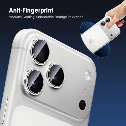 Camera Lens Protector For iPhone 17 Pro And 17 Pro Max 9H Tempered Glass Camera Cover With Silver Metal Ring, close-up view.