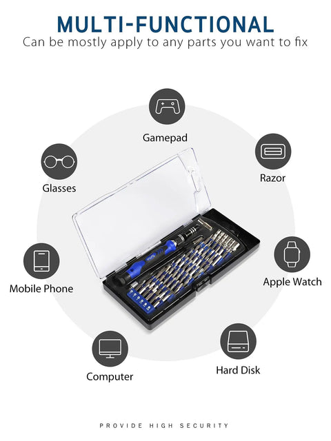 63 In 1 Precision Screwdriver Set With 57 Magnetic Driver Bits For Electronics Repair shown with compatible devices