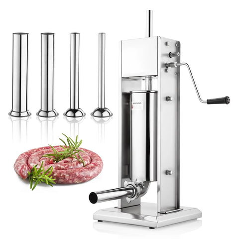 Manual Sausage Stuffer Vertical Sausage Stuffing Maker Food Grade 304 Stainless Steel Meat Filling Machine With Easy Fit Stuffing Tube, 3L 7 Lbs, shown with stuffing tubes and sausage.