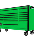 Tough As Nails 72 Inch Wide 17 Drawer Rolling Tool Chest With Heavy Steel Frame And Smooth Glide Drawers Built Mean For Serious Shop Mechanics On The Go, viewed from front angle, green color.