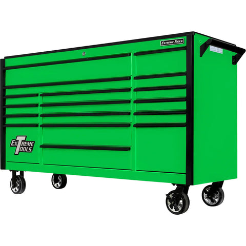 Tough As Nails 72 Inch Wide 17 Drawer Rolling Tool Chest With Heavy Steel Frame And Smooth Glide Drawers Built Mean For Serious Shop Mechanics On The Go, viewed from front angle, green color.