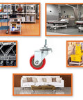 4 Pack Swivel Plate Stem Casters With Red Polyurethane Wheels, 3 Inch Wheel Diameter, shown used on furniture and carts
