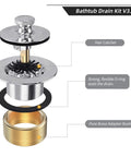All-metal lift-and-turn bathtub drain kit with chrome finish, brass adapter, hair catcher, and two-hole overflow.