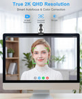 Pro Grade 2K Webcam For Pcs Featuring Warm Led Ring And Punchy Dual Mic Plus Handy Privacy Slider For Daily Work From Home Hustle And Butter Smooth Calls With Zero Hassle Setup Every Single Time You Log On on a desktop monitor with autofocus in a well-lit environment.