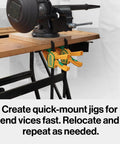 Grr-rip Clamp 4-Pack For Dovetail Grooves securing workpiece on bench, one-handed, 150 lb holding, fits MATCHFIT Tracks, Yellow.