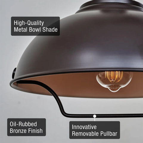 Close-up of oil-rubbed bronze finish on Sequoia 13 Inch Dope Industrial Pulley Pendant Light with dome shade and exposed bulb