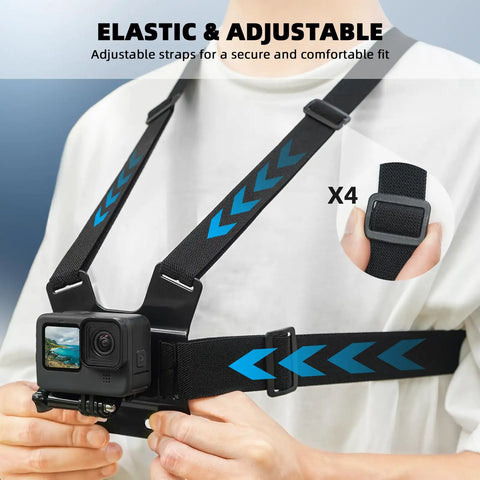 Person wearing Go To POV Phone Chest Mount And Head Mount Camera Rig with adjustable strap and GoPro attachment on chest