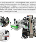 Top Shelf Fully Automatic Round Bottle Labeling Machine With Snappy Touch Screen And Rock Solid Auto Correction For Fast Hassle Free Industrial Packaging, close-up of labeling components.