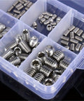 Stainless Steel Wood Screws Hex Socket Set Screw Cup Point Kit 400 Piece Assortment in storage box close-up view