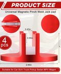 Universal Aluminum Grooved Magnetic Jack Pads 4 Pack With Pinch Weld Adapters shown in red with dimensions.