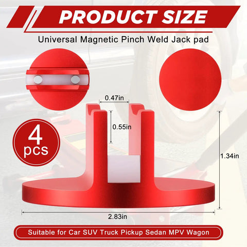 Universal Aluminum Grooved Magnetic Jack Pads 4 Pack With Pinch Weld Adapters shown in red with dimensions.