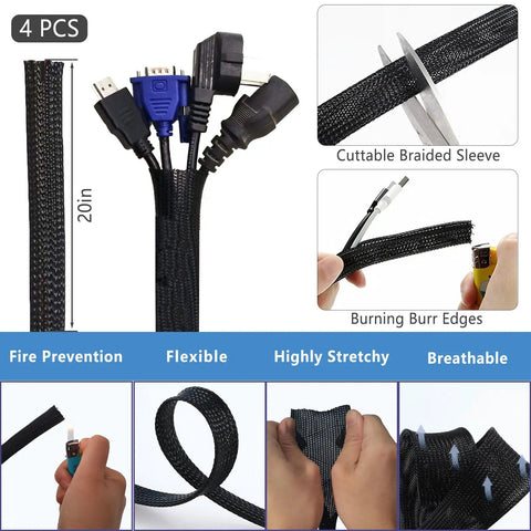 4-piece cuttable braided sleeve from 327 Piece Cable Management Kit With Cord Protectors, Cable Clips, Cord Holders, Organizer Straps, Zip Ties And Mounts For Computer Desk, Home Office And TV Setup, DIY Cable Cleanup Made Simple.