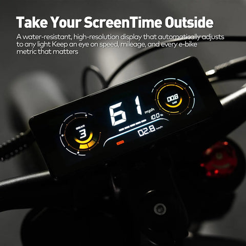 Heavy Duty Kickass 9000W Peak Motor Electric Dirt Bike display showing speed of 61mph and battery details on handlebars.