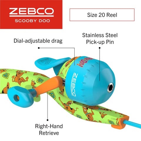 Scooby Doo Themed Kids Spincast Fishing Combo With 29-Inch Fiberglass Rod, Light Power, featuring size 20 reel.