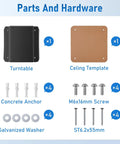 Parts and hardware for Heavy Duty 360 Degree Turntable Base For Ceiling TV Mounts including anchors and screws.
