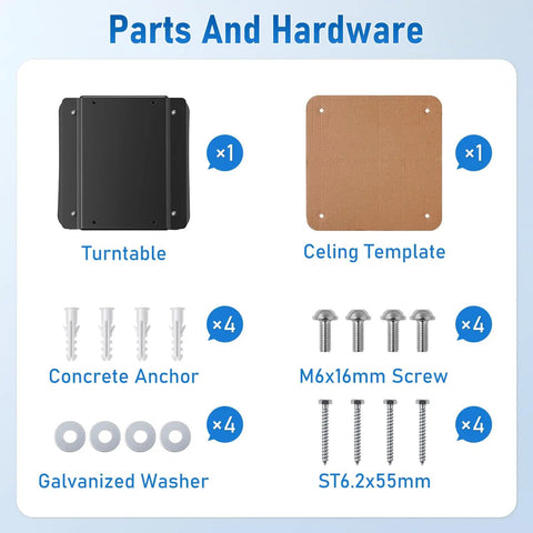Parts and hardware for Heavy Duty 360 Degree Turntable Base For Ceiling TV Mounts including anchors and screws.